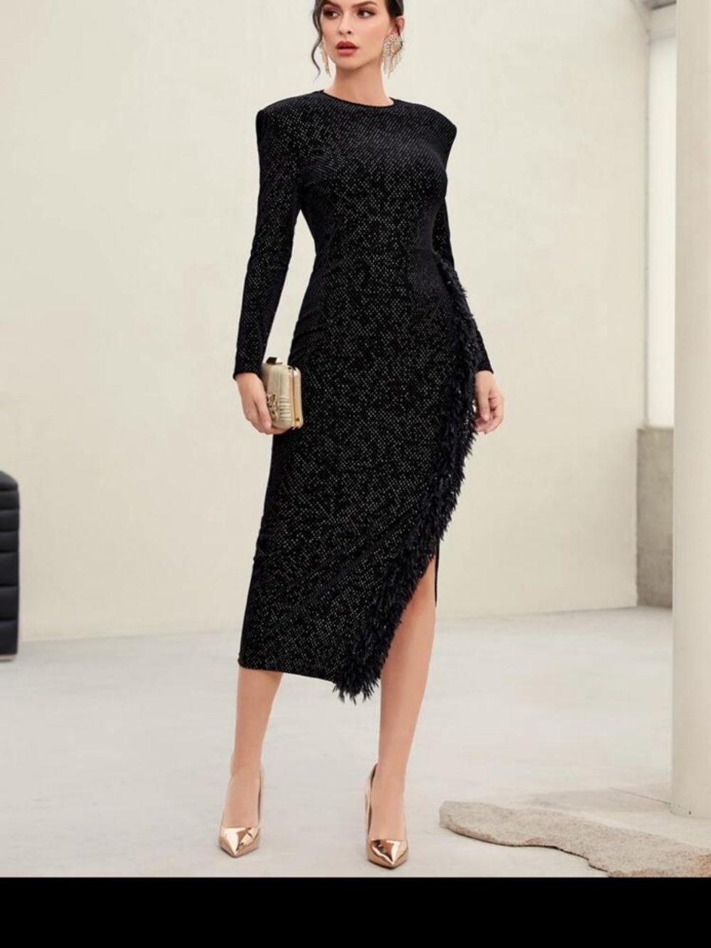 Elegant Black Long-Sleeve Asymmetric Midi Dress